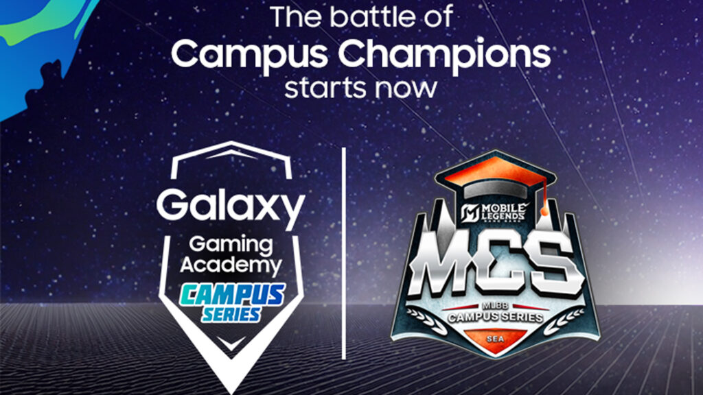 Image of Samsung Galaxy Gaming Academy Campus Series and MLBB MCS logos on purple space background
