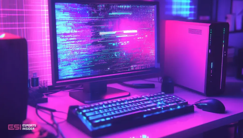 A computer screen showing gameplay with glitches at the top, alongside a sleek gaming keyboard and mouse on a desk, representing the abandoned esports titles we hope to see revived in 2025.