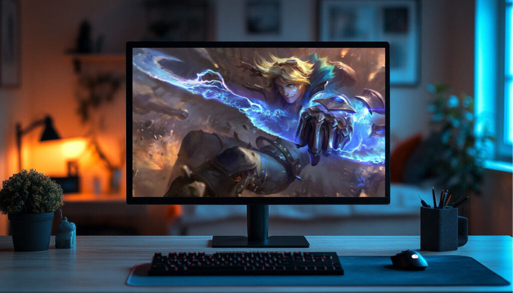 A computer monitor showing Ezreal, one of the most popular League of Legends heroes, in a cozy home office setup.