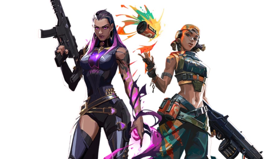 Akali-and-Raze wielding guns, with vibrant splashes of color around them, suggesting action and energy.