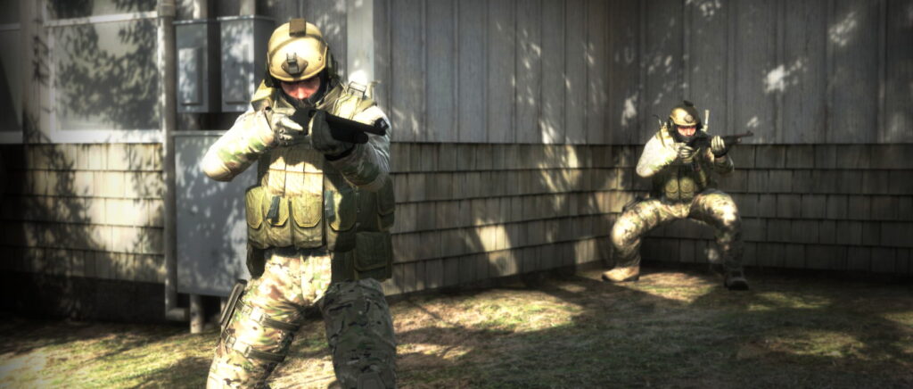 Two armed Counter-Strike soldiers in tactical gear take cover behind a building