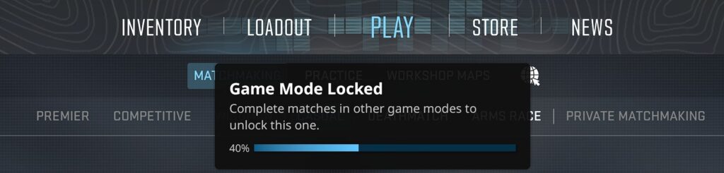 Screenshot showing a CS2 interface with a "Game Mode Locked" message, indicating 40% progress to unlock Premier game mode.