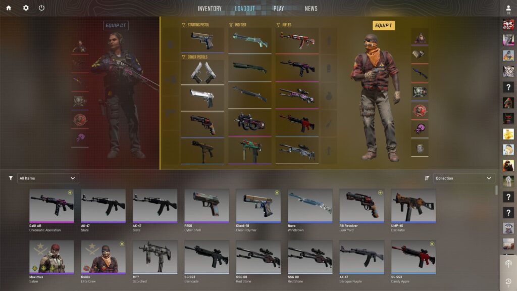 A Counter-Strike inventory screen displaying a variety of firearms and gear, organized by categories for customization and loadout selection.