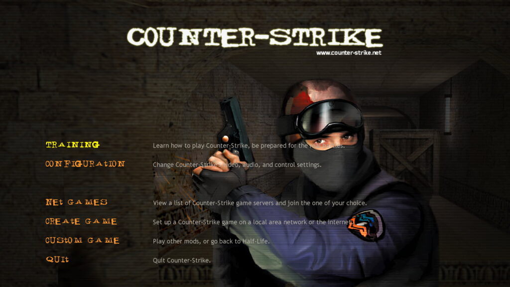 Screenshot of the game interface for Counter-Strike, featuring weapon options and menu options like training and creating games.