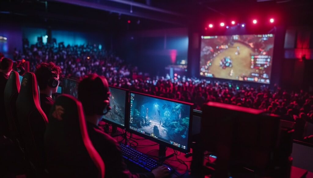 Dota 2 esports match on stage with live gameplay on a big screen and audience watching.