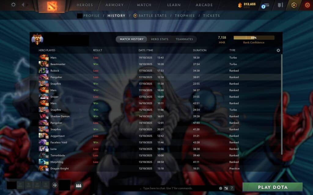 Dota 2 match history page showing recent results, MMR, and Rank Confidence