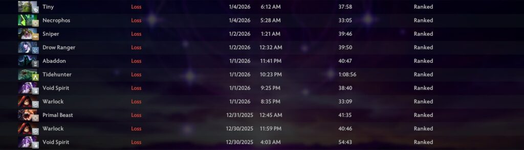 Dota 2 match history showing multiple ranked losses with different heroes