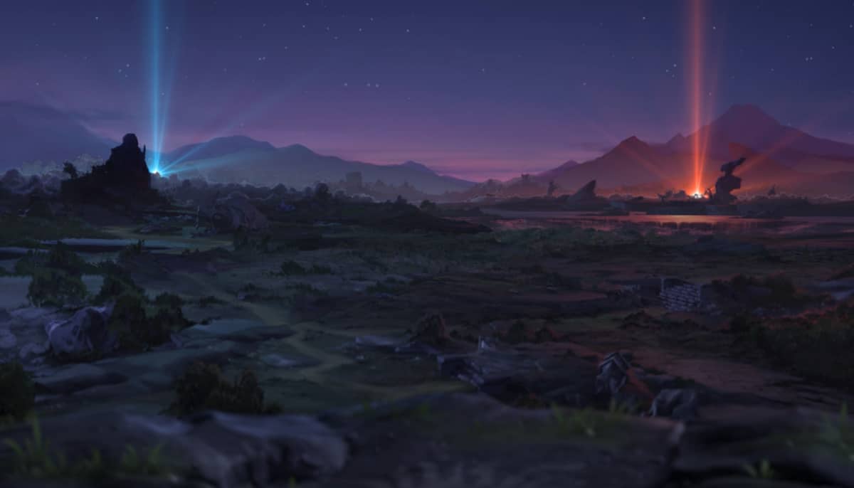 A serene twilight landscape of Dota 2 showcases distant mountains with vibrant blue and orange beams illuminating the sky