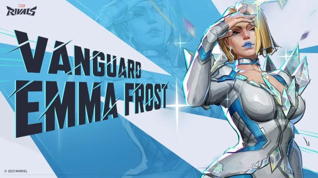Een digitale illustratie van Emma Frost in een strak wit-blauw kostuum, omringd door scherpe ijselementen en de opvallende tekst "Vanguard".