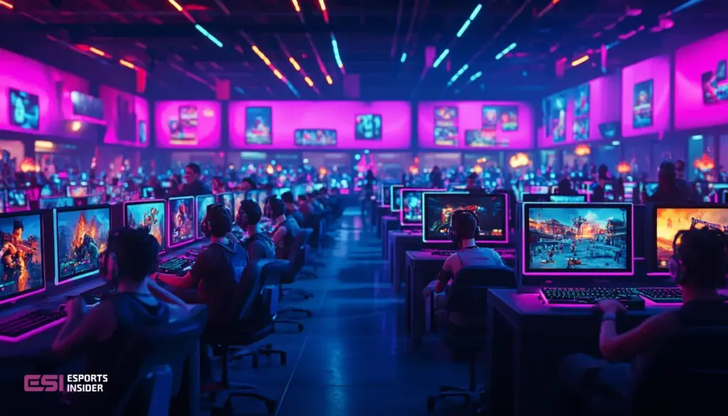 An esports competition with multiple players competing in a high-energy environment. The stage features large screens displaying the game, with rows of players at individual stations, focused on their gameplay.