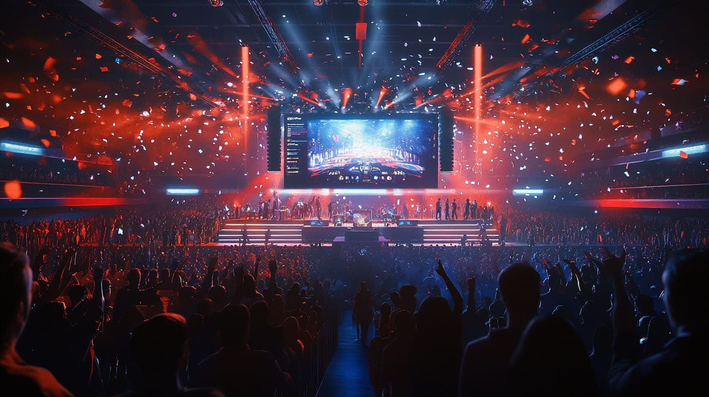 A vibrant concert scene with a cheering crowd, colorful confetti, and a large screen displaying a gaming event.