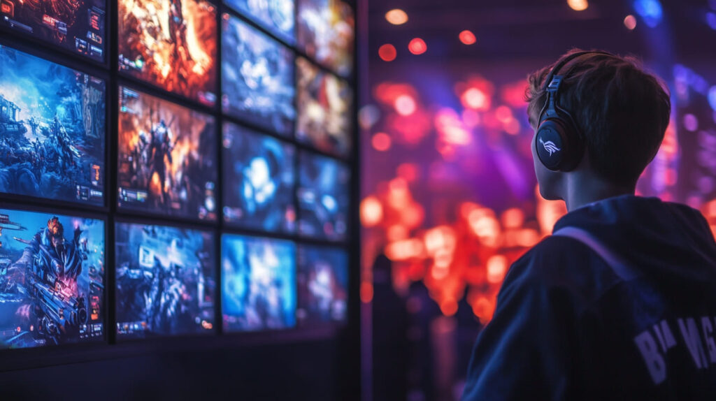 A young gamer in headphones watches vibrant game graphics on multiple screens in a colorful, immersive gaming environment.