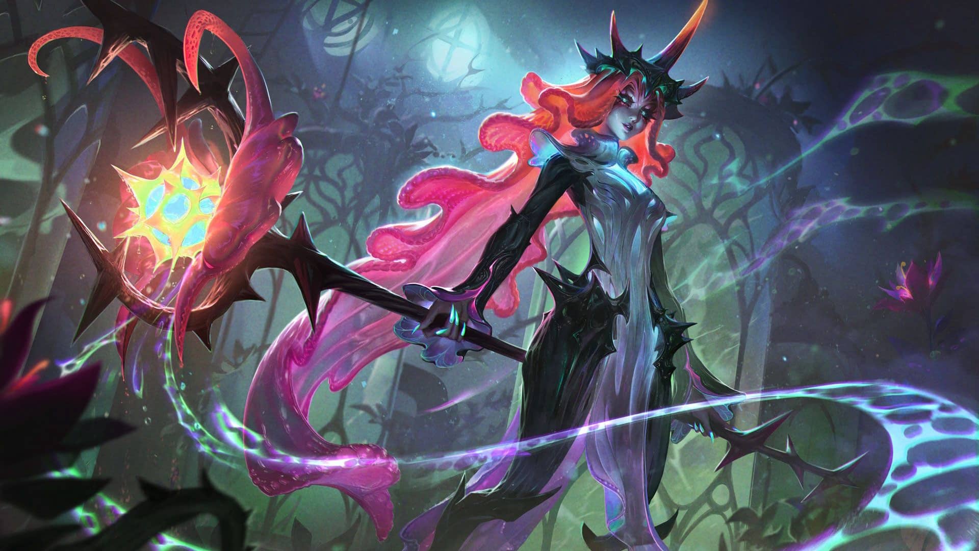 Flora Fatlis wields a glowing, enchanted staff in an otherworldly forest setting