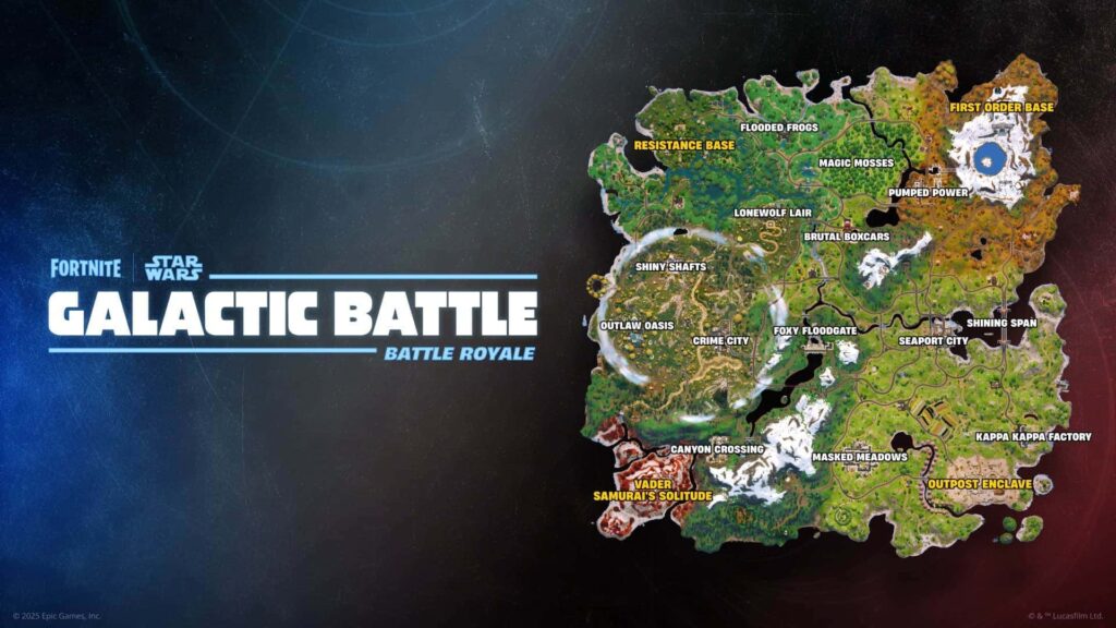 Map of Fortnite's "Galactic Battle," featuring locations from Star Wars in a vibrant, colorful landscape.