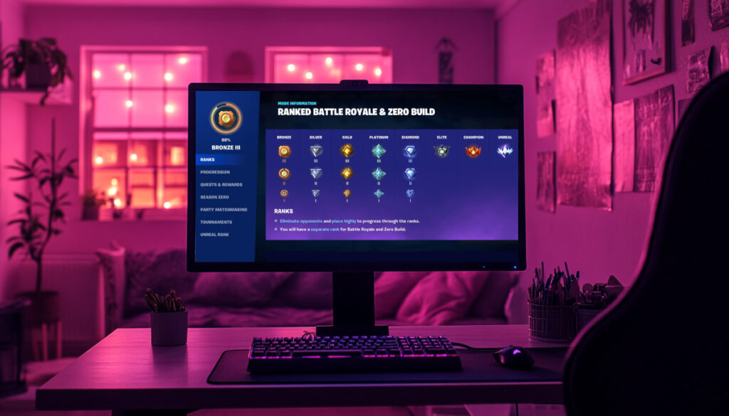 A computer monitor displays a Fortnite ranking system