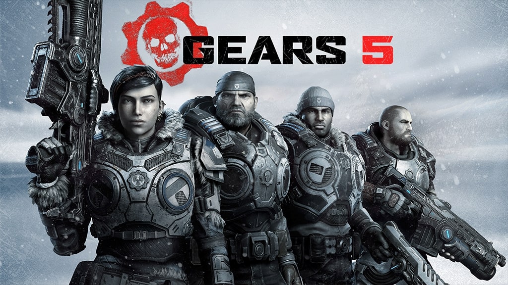 Four armored characters stand in a snowy landscape, holding futuristic weapons, with the Gears 5 logo above them.