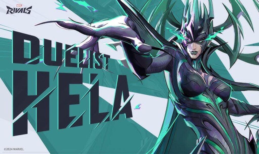 Een mystiek Marvel Rivals-personage in donkere, sierlijke harnas met groene accenten poseert dramatisch, met de tekst "DUELIST HELA" prominent in beeld.