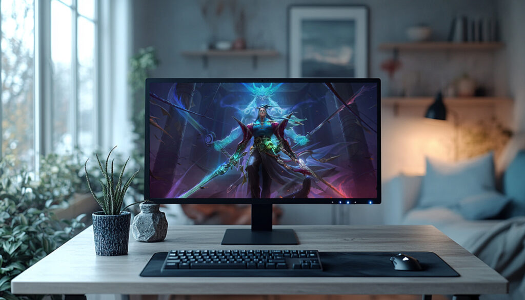 A gaming monitor displays one of the League of Legends new skins, set on a stylish desk in a cozy room.