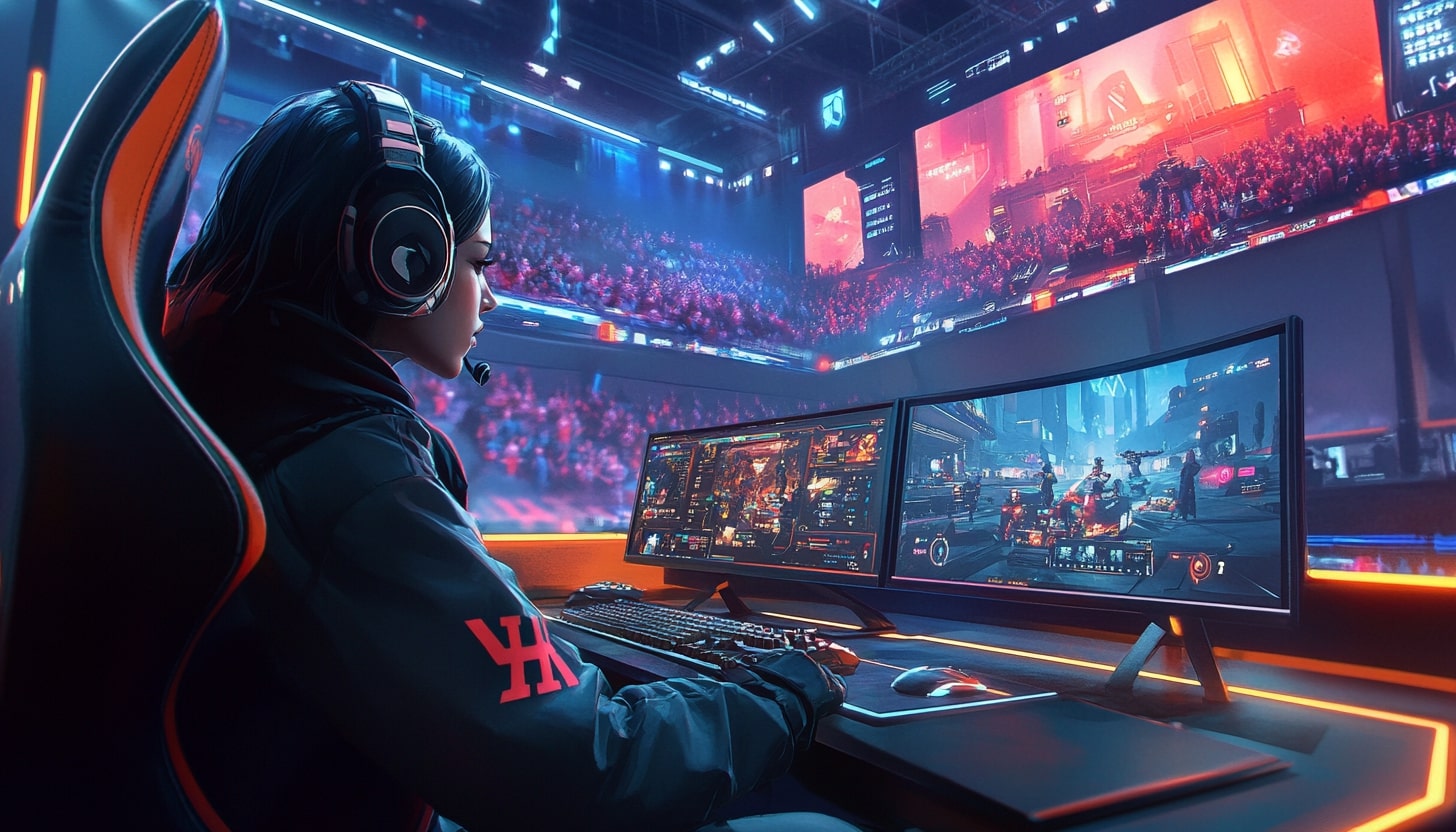 A gamer sits in a high-tech chair, focused on dual monitors displaying a competitive gaming scene, with a vibrant esports crowd in the background.