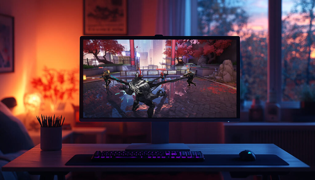 A gaming monitor displaying a colorful action scene with Marvel characters battling in a stylized environment, surrounded by warm interior lighting.