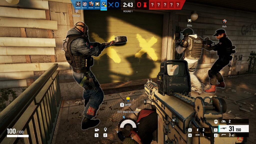 Screenshot from Rainbow Six Siege showing players breaching a barricaded door