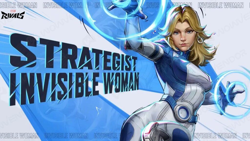 Een dynamische illustratie van de Invisible Woman, waarin ze wordt afgebeeld als een strategist met gloeiende energie-effecten en een strak kostuumontwerp.