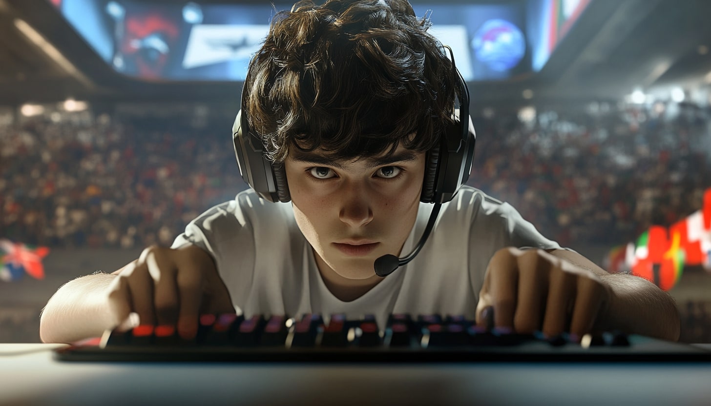 A focused young esports player with a headset, intensely playing on a keyboard in front of a large audience at an esports event, symbolizing the growing connection between esports and the Olympics.