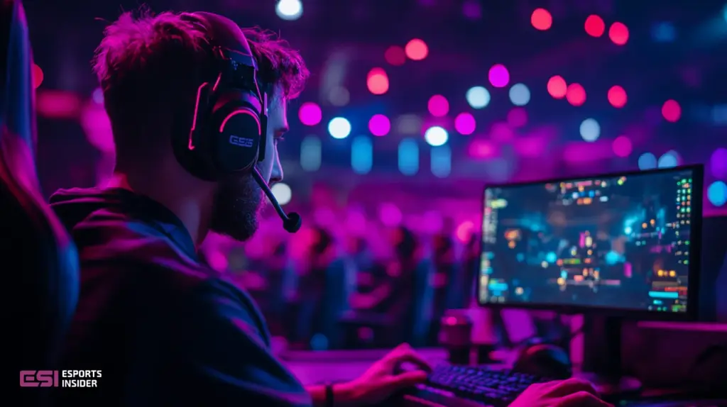 A gamer wearing a headset intensely focuses on a brightly lit monitor during a competitive eSports event, surrounded by vibrant lights.