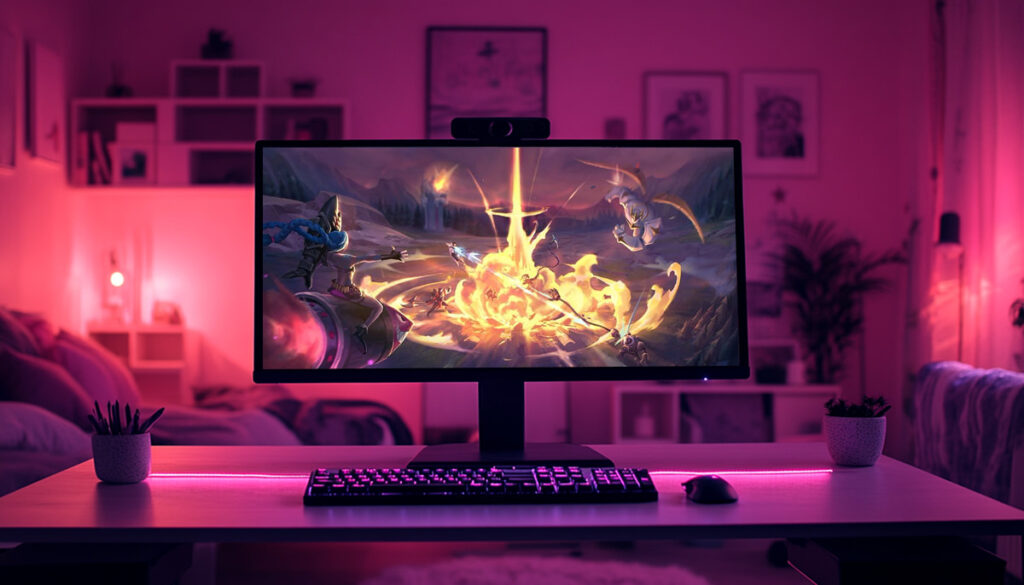 A gaming setup featuring a monitor displaying Battle art for League of Legends, surrounded by cozy pink lighting and decor.