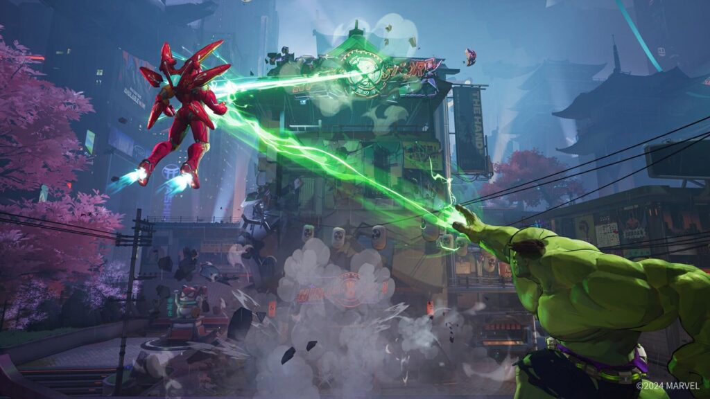 A vibrant scene showcasing a superhero battle, amidst a backdrop of urban chaos and glowing lights.