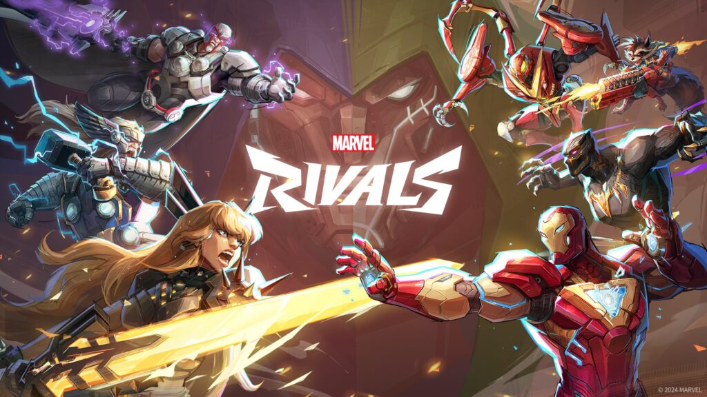 Marvel’s "Rivals"-poster met dynamische superhelden zoals Iron Man, Thor en anderen in indrukwekkende gevechtshoudingen tegen een levendige achtergrond.