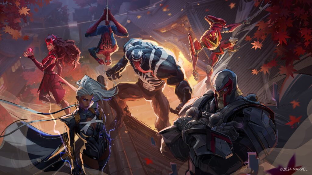 Een dynamische Marvel-superheldenscène met iconische personages zoals Spider-Man en Venom, te midden van kleurrijke herfstbladeren en een traditionele achtergrond.
