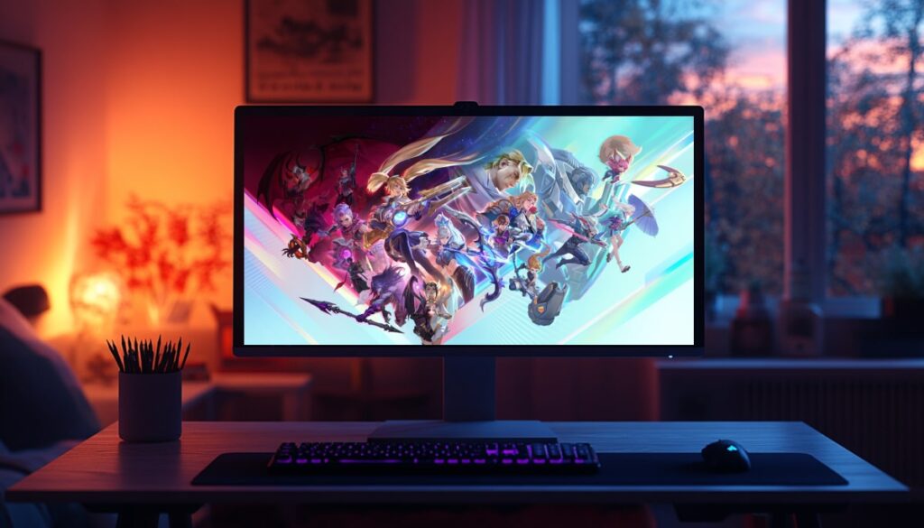 A gaming monitor displays a vibrant lineup of colorful characters from Mobile Legends, illuminated by soft, warm lighting