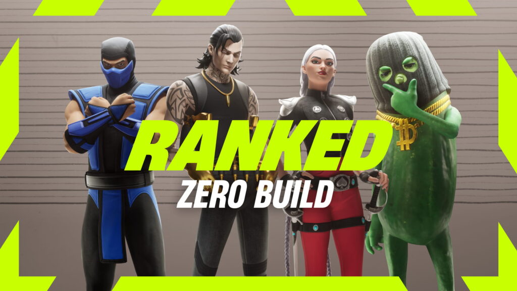 Four stylized characters in various outfits stand together, with bold text reading "RANKED ZERO BUILD" prominently displayed.