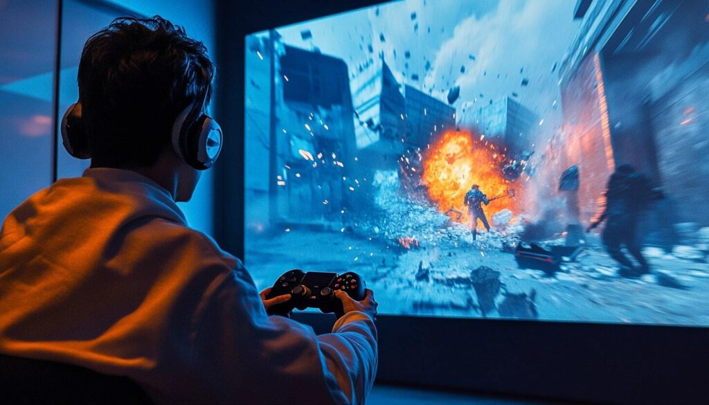 A gamer in a hoodie and headphones intensely plays a video game featuring an explosion on a large screen.