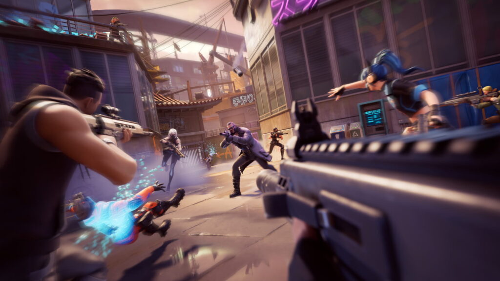 A chaotic urban scene with multiple armed characters engaging in intense combat