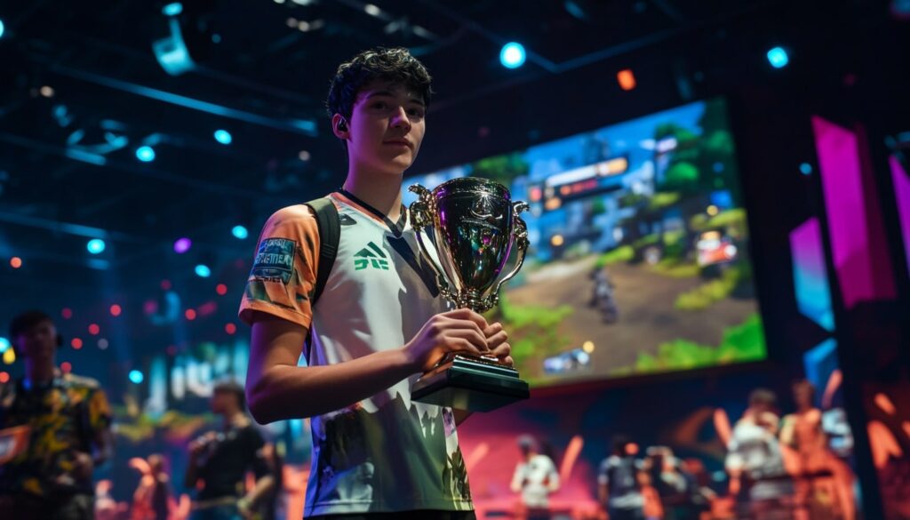 A professional esports player holding a trophy, with a Fortnite gameplay scene displayed on the screen behind him