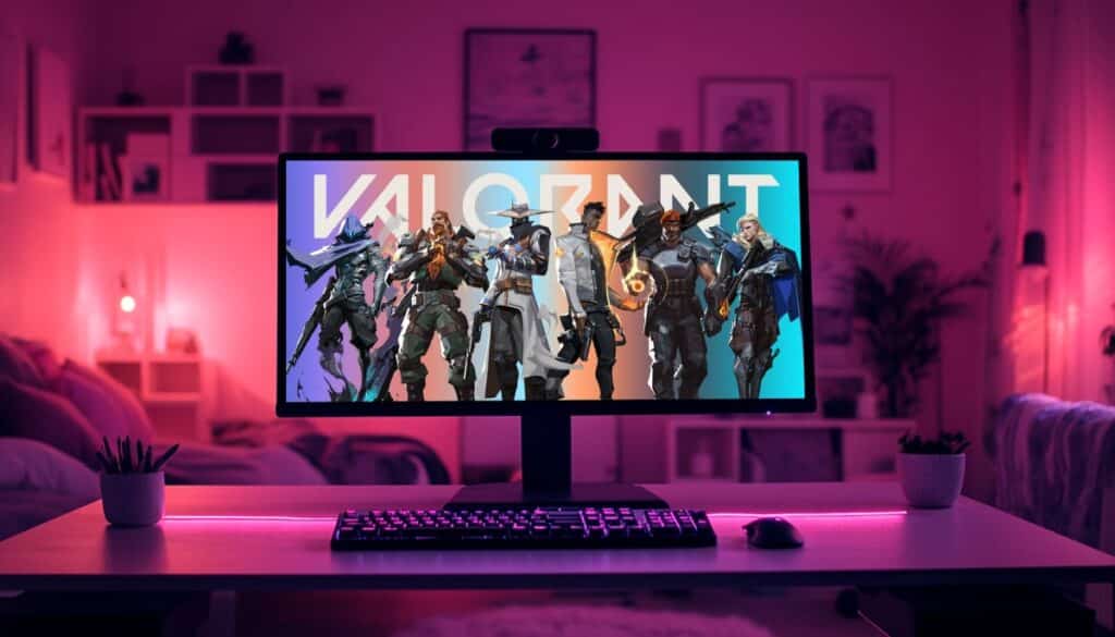 VALORANT agents on a monitor in a pink-lit gaming room