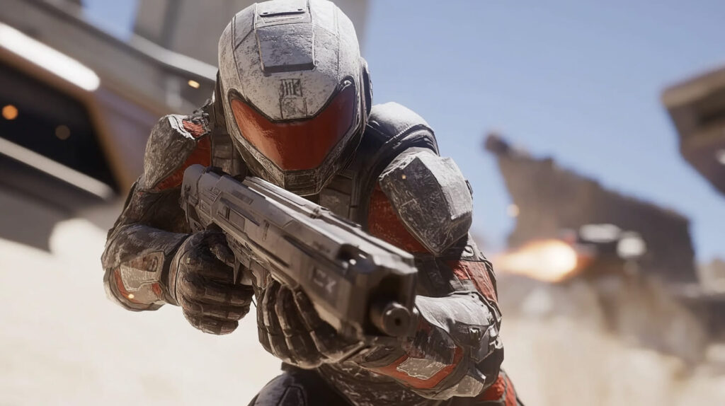 A futuristic soldier in armored gear aims a weapon, set against a blurred battle background, conveying intensity and action.
