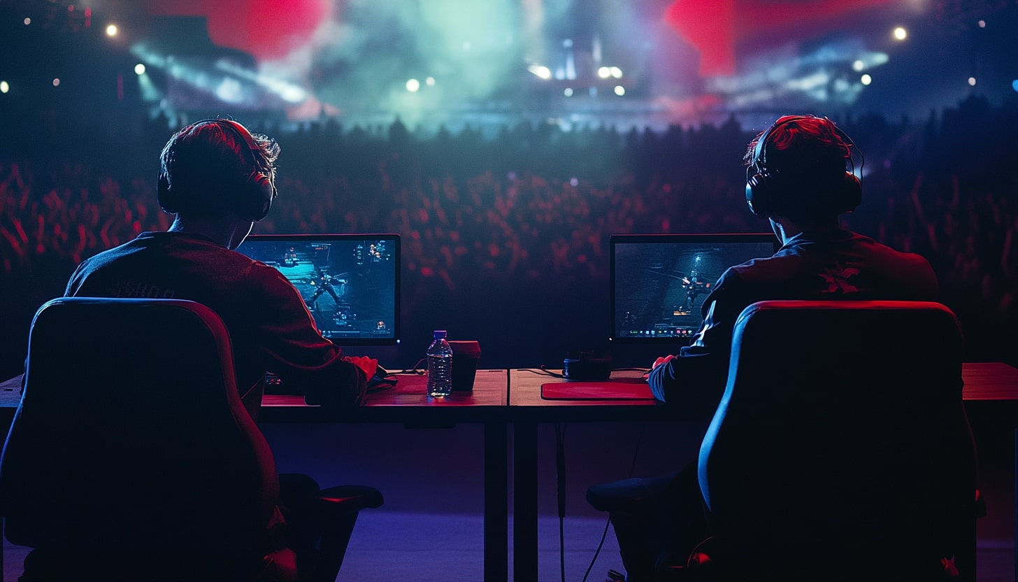 Two gamers wearing headsets sit at computers, focused on their screens with a vibrant, cheering crowd in the background.