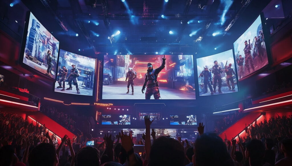 Esports arena filled with fans watching a live match on giant screens, showcasing futuristic combat characters in a style reminiscent of Apex Legends, with dramatic lighting and tournament atmosphere.