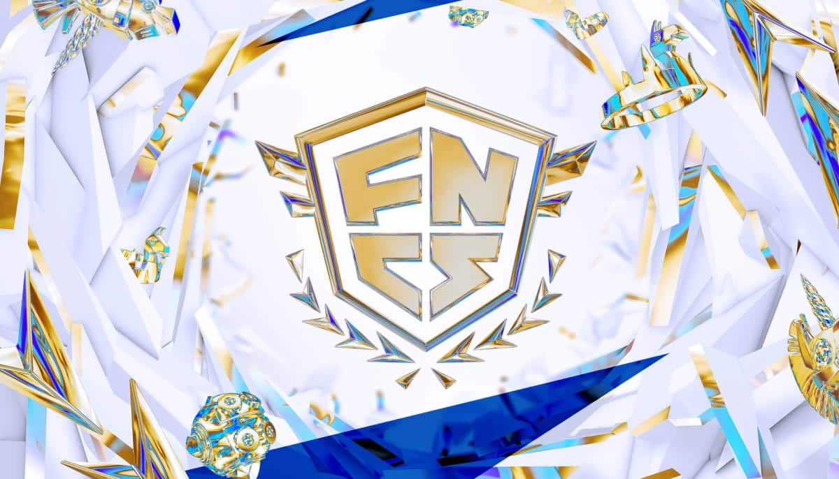 FNCS logo in gold and white, centered within dynamic, abstract shapes