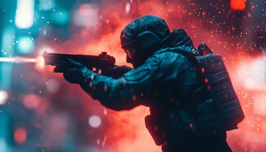 A soldier in tactical gear aims a handgun amid vivid red and blue explosions of light and smoke