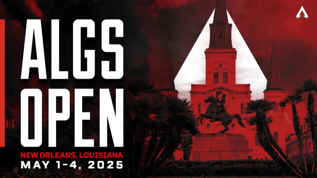 Image of ALGS Open logo next to a New Orleans building with a red filter applied