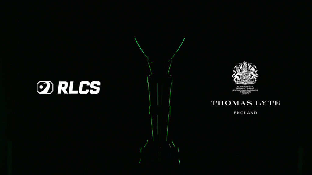 Image of RLCS and Thomas Lyte logos next to trophy outlined with green lighting