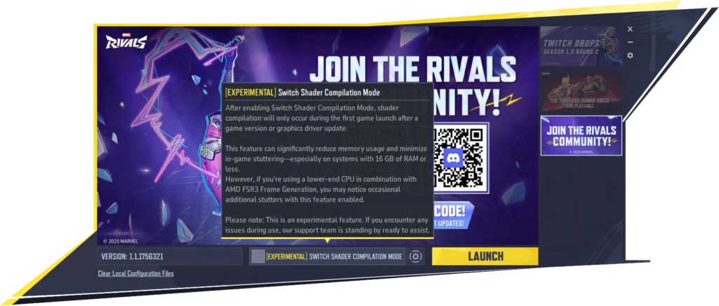 Marvel Rivals in-game menu for Switch Shader Compilation Mode