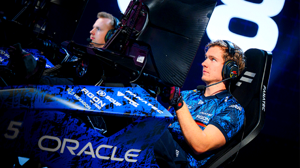 Image of Oracle Red Bull Sim Racing drivers driving in cockpits showing Hexagon logo