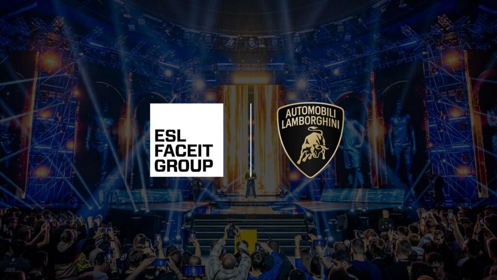 Image of Lamborghini and ESL FACEIT Group logos on a background of an esports competition