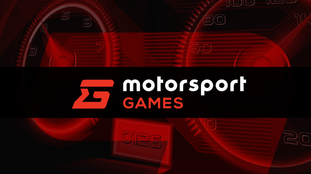 Image of Motorsport Games logo on a red background of a car spedometer