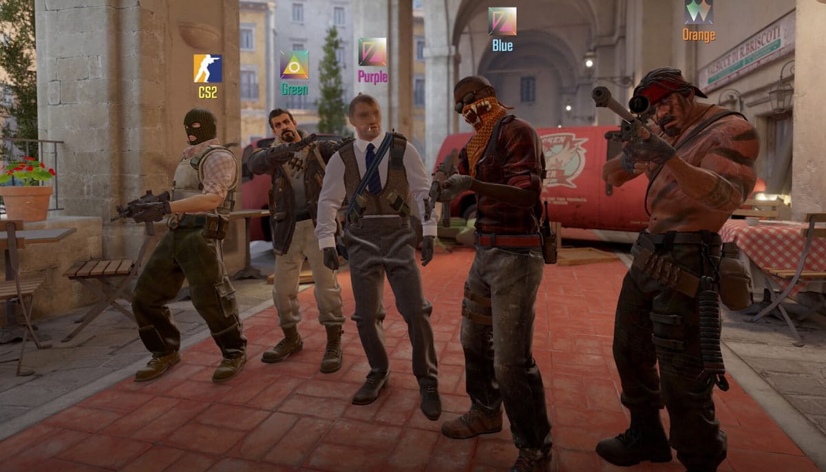 Five characters from CS2 stand confidently in a courtyard, each with distinctive outfits and expressions